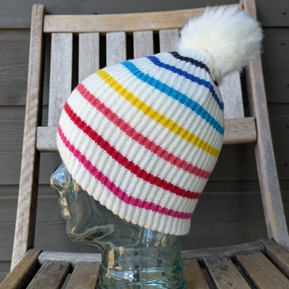 NWOT GAP Crazy Stripe Ribbed Knit Pom Beanie Rainbow White One Size Wool Blend